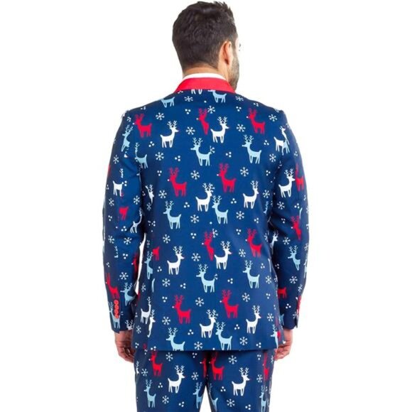 Men's Ugly Christmas Blue Sweater Inspired Holiday Suit Jacket Blazer Xmas Party - Picture 2 of 7